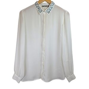 Lindex Bedazzled Collar Ivory Emerald Shirt Blouse Sz 36, 6 Office Preppy EUC